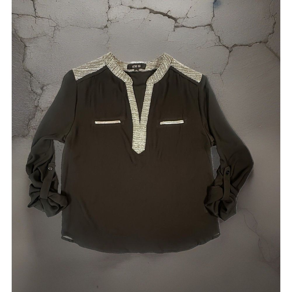 Active USA Blouse Womens Med Black Long Sleeve Sheer Blouse V Neck Metallic‎